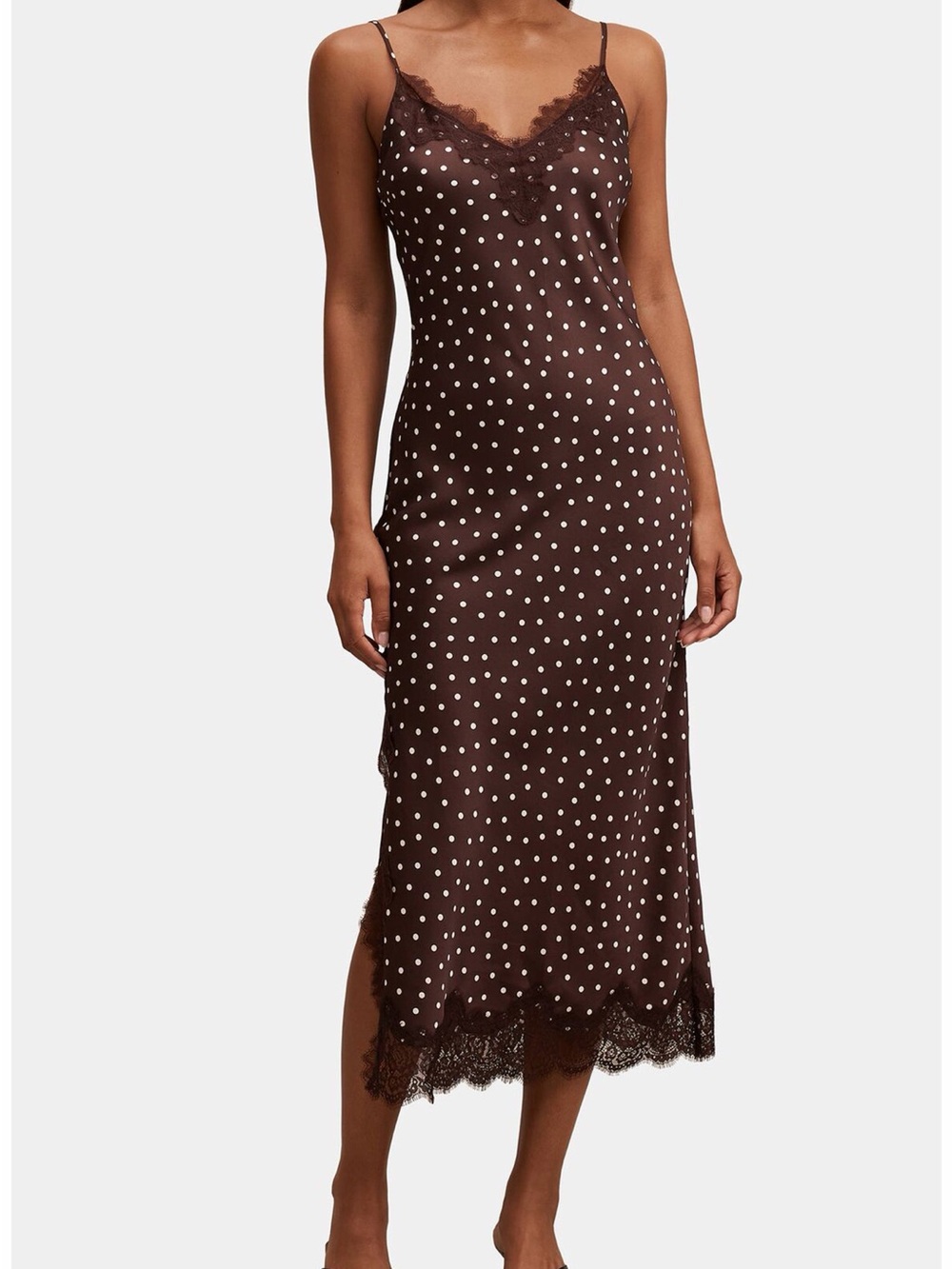Ever New Brown & White Polka Dot Lace-Trim Satin Slip Dress